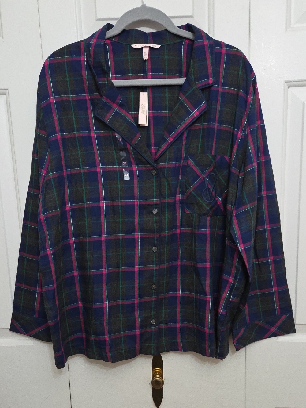 NEW Victoria's Secret Long Sleeve Plaid Pajama Sleep Shirt Button-Down Top/ XL